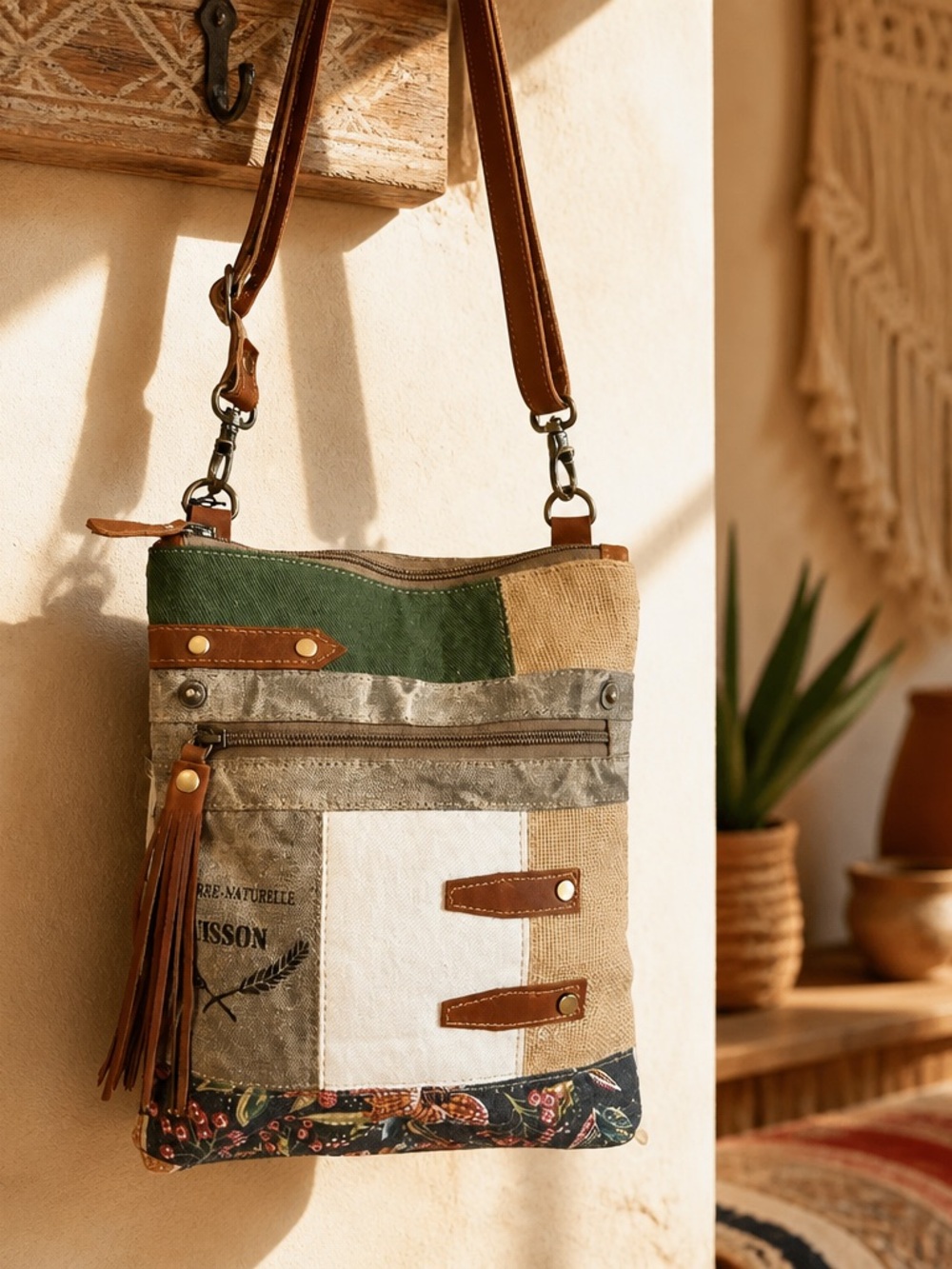 Myra Bag Western Upcycled Canvas Leather Floral Crossbody Purse